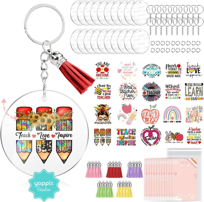 YOPPIX 140 PCS Acrylic Keychain Blank Set, Teachers Double-Sided UV DTF Stickers Acrylic Keychain Making Kits for Vinyl DIY Craft Project - Image 1